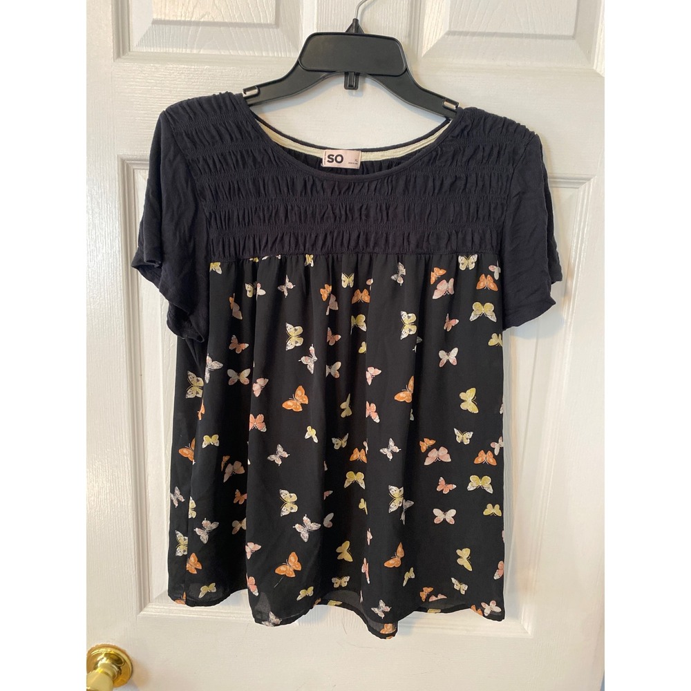 SO Goods For Life Womens XL Black Butterfly Print Smocked Babydoll Blouse Top